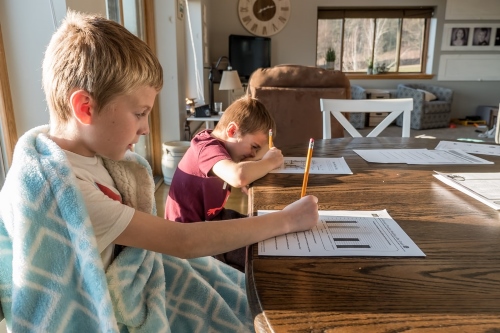 Children sitting at dinner table doing school work 